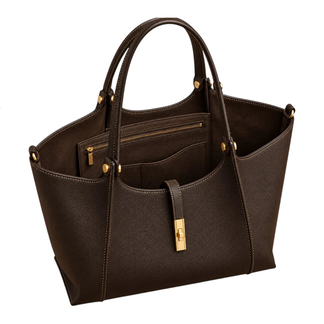 BagRadiance Espresso Lock Faux Leather Tote Handbag