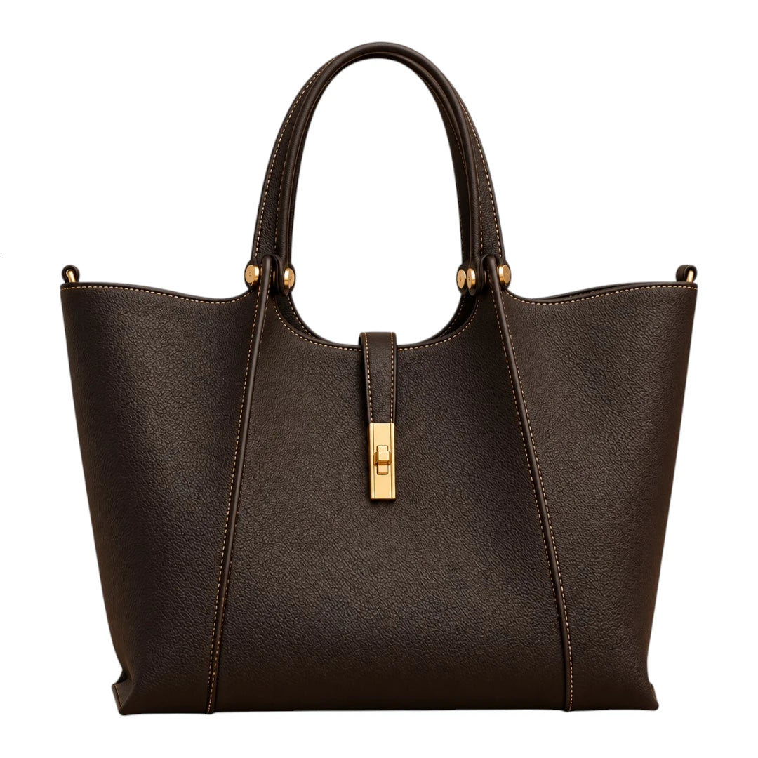 BagRadiance Espresso Lock Faux Leather Tote Handbag